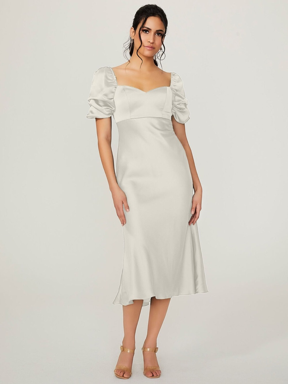 Mori Lee Ivory Puff-Sleeve Midi Dress
